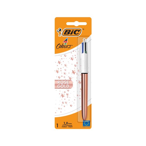 Pack bolígrafos 4 colores rose gold de punta media (1,0 mm) con tinta negra, azul, roja y verde, todo en uno, BIC.