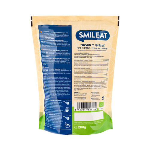 SMILEAT Papilla en polvo con 7 cereales ecológicos, sin azúcares añadidos, a partir de 6 meses 200 g.