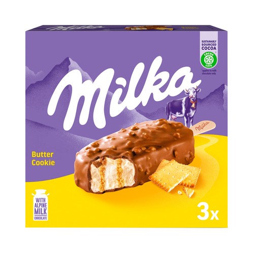 MILKA Bombón helado de vainilla y mantequilla con trocitos de galletas de mantequilla 3 x 90 ml.