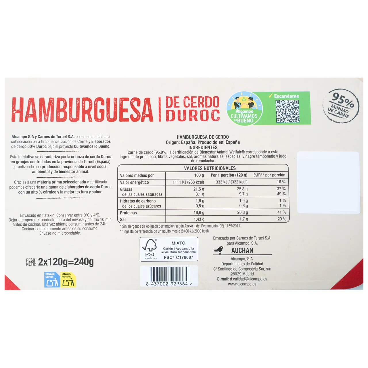 ALCAMPO CULTIVAMOS LO BUENO Hamburguesa de cerdo duroc  2x120 g.