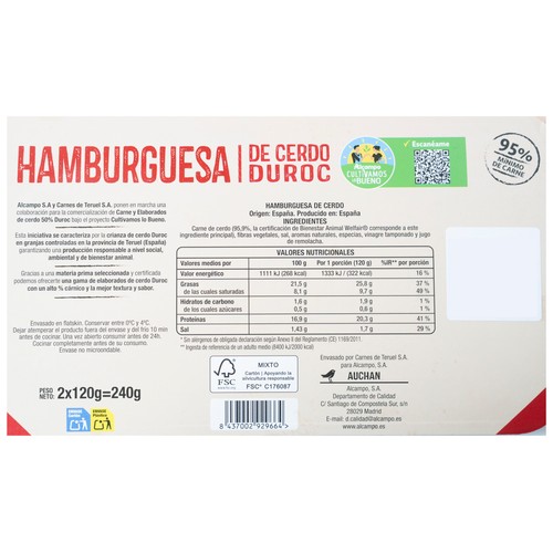 ALCAMPO CULTIVAMOS LO BUENO Hamburguesa de cerdo duroc  2x120 g.