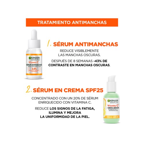 GARNIER Vitamina C Sérum antimanchas (30 ml) + Crema sérum iluminadora y antimanchas (50 ml).