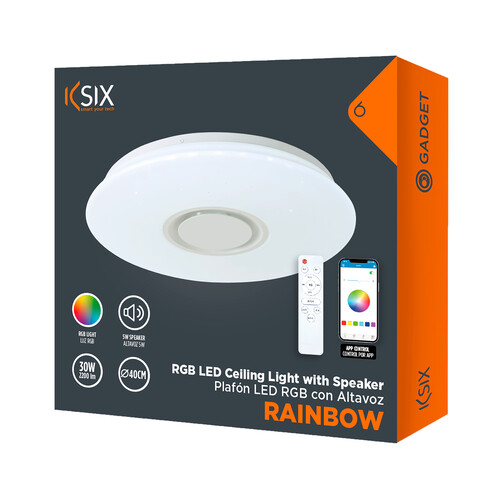 Plafón LED, Altavoz integrado, Conectada, Sigue el ritmo de la música, Modos de luz RGB, 40cm, 30W, Blanco, Rainbow KSIX.