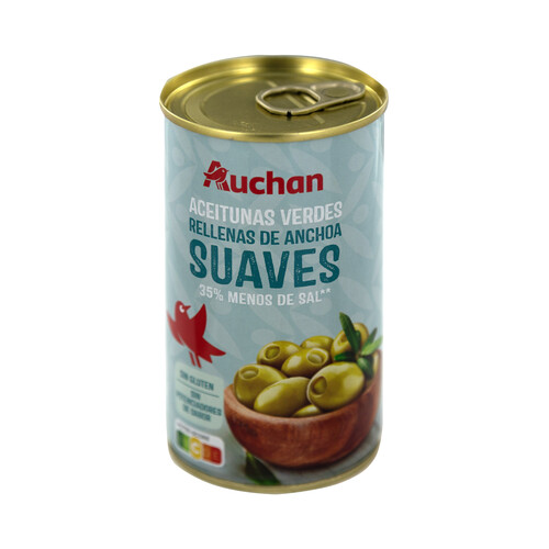 Aceitunas verdes manzanilla rellenas de anchoa suave y con un 35% menos de sal PRODUCTO ALCAMPO lata 150 g.