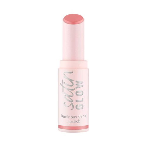 ESSENCE Satin glow tono 02 Blushin it, nude rosado Barra de labios cremosa, acabado luminoso.