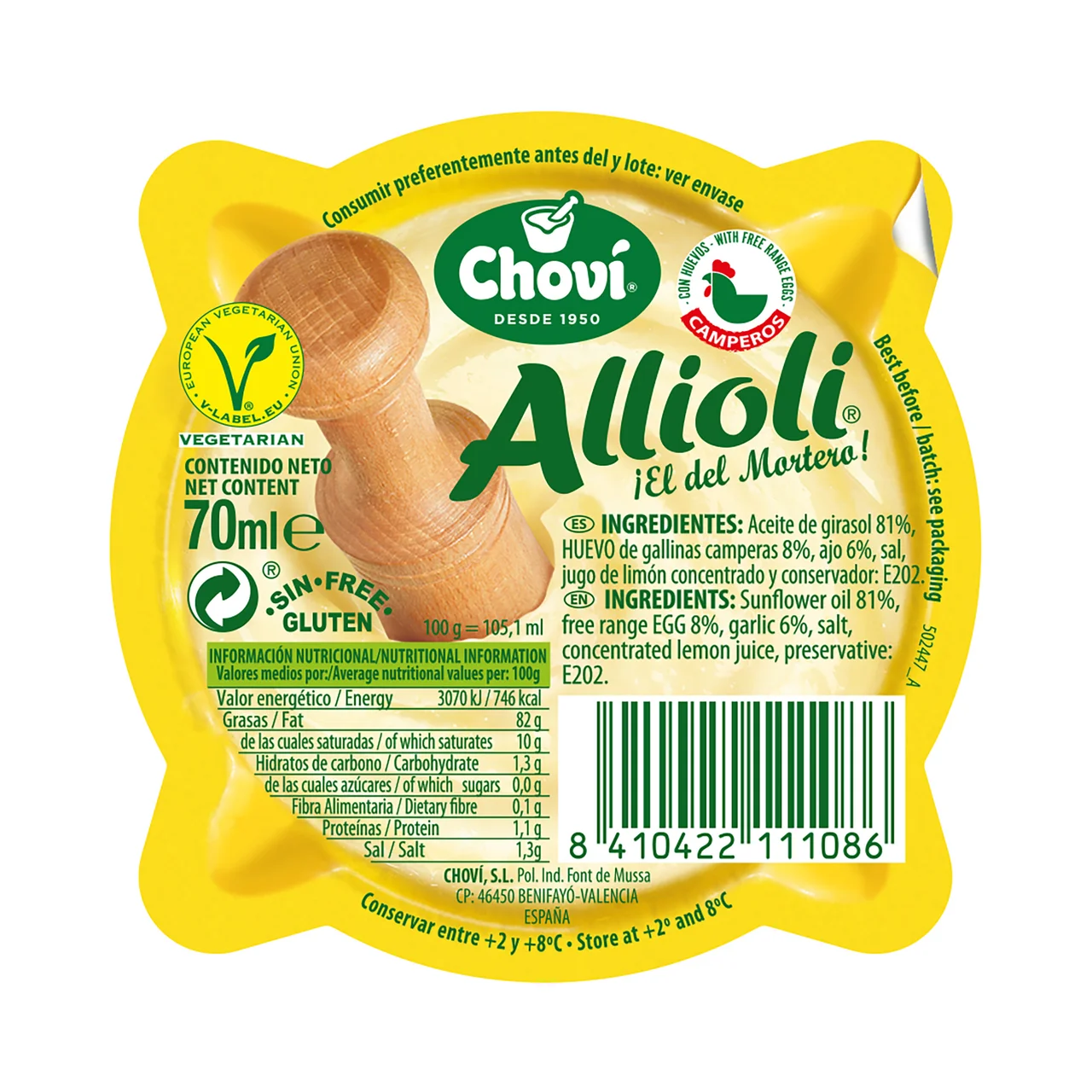 Salsa Allioli tradicional (aceite, ajo, huevo, sal y jugo de limón), minimoreto 70 ml.