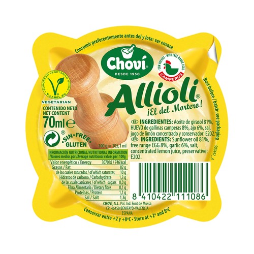 CHOVI Salsa Allioli tradicional (aceite, ajo, huevo, sal y jugo de limón), minimoreto 70 ml. 