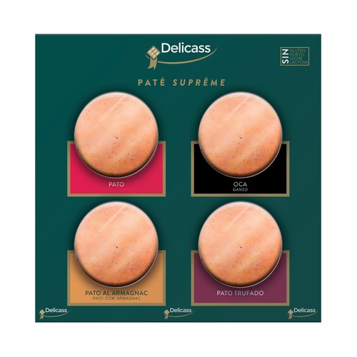 DELICASS Surtido de 4 patés de 70 g (pato, oca, pato al armagnac y pato trufado)  Paté supréme.