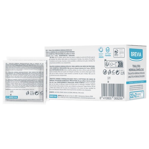 BREVIA Toallitas hidroalcohólicas con glicerina, para limpieza de manos en profundidad 24 uds.