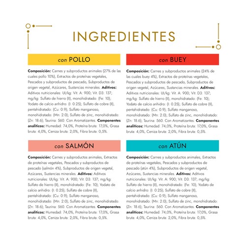PURINA Gourmet Surtido de comida para gatos húmeda a base de salmón, pollo, buey o atún 12 x 85 g.