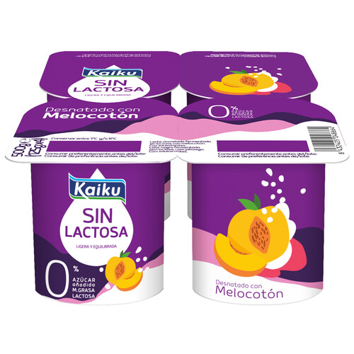 KAIKU Yogur desnatado 0% materia grasa, sin lactosa ni azúcares añadidos, con melocotón Sin lactosa 4 x 125 g.