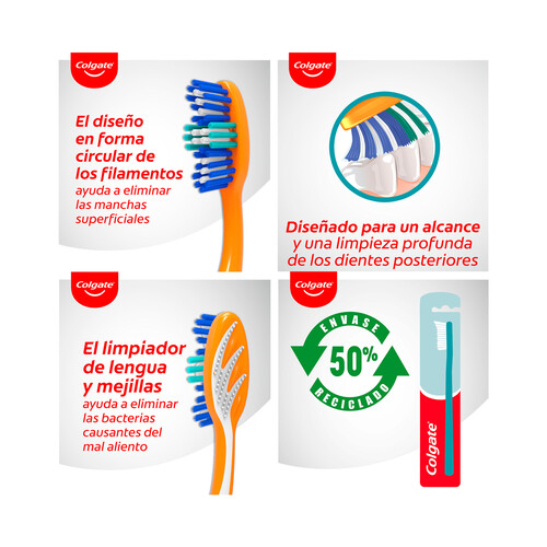 COLGATE Cepillo de dientes medio, que ayuda a eliminar manchas y bacterias bucales COLGATE Triple action.