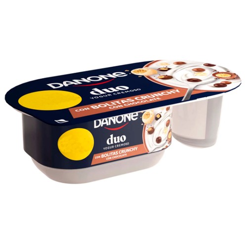 DANONE Duo Yogur cremoso azucarado con bolitas crujientes de arroz y trigo cubiertas de chocolate 100 g.