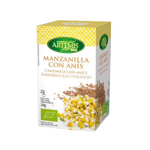 ARTEMIS BIO Manzanilla con anis infusión procedente de agricultura ecológica ARTEMIS BIO 20 bolsitas 28 g.