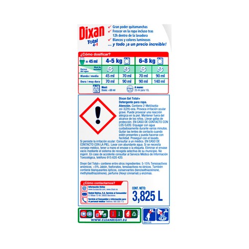 DIXAN Total Detergente líquido 4 en 1 (limpieza, frescor, luminosidad y sostenibilidad) 85 DS