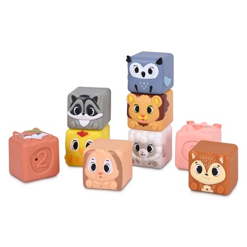 Cubos Blanditos Animales, 9 piezas juguetes para el desarrollo de la destreza y la coordinación +6 Meses ONE, TWO FUN Baby