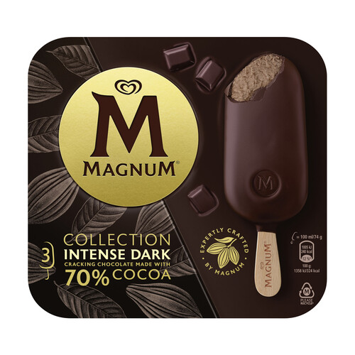MAGNUM Bombón helado de crujiente chocolate con leche, relleno de chocolate 70% cacao collection 3 x 100 ml.