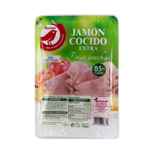 Jamón cocido de categoria extra, cortado en finas lonchas PRODUCTO ALCAMPO 150 g.
