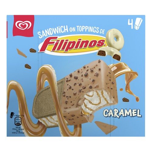 FRIGO Sandwich de helado de caramelo con cobertura de Filipinos 4 x 130 ml.