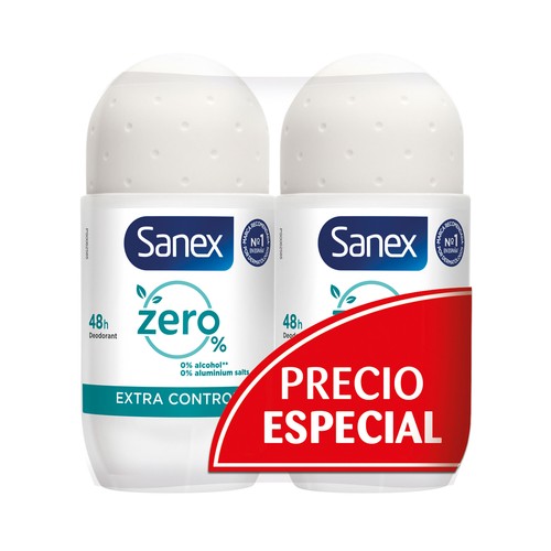 SANEX Zero % extra control Desodorante roll on para mujer, antitranspirante hasta 48 horas 2 x 50 ml.