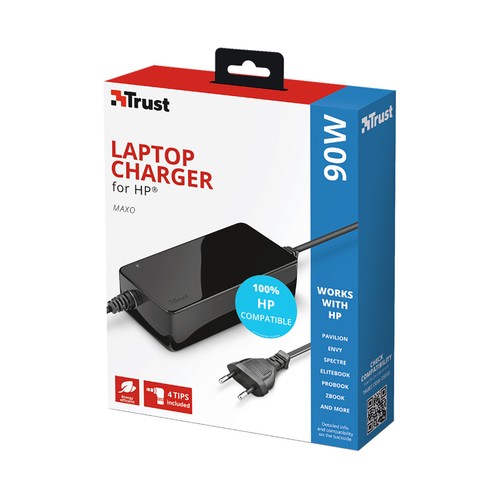 Cargador para ordenador portátil HP, TRUST Maxo, 90W, 4 conectores.