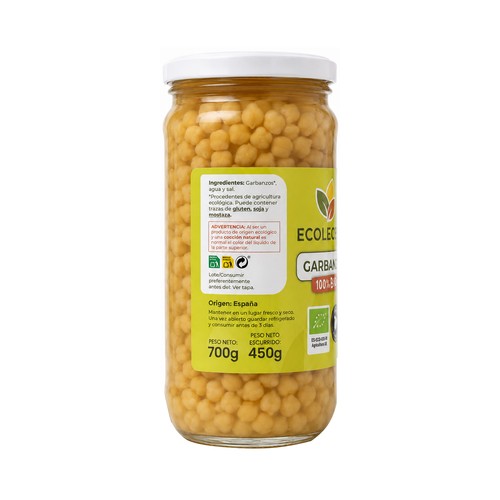 ECOLECERA Garbanzos cocidos, 100% ecológicos, origen España 450 g.