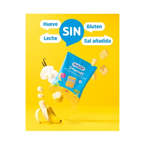 SMILEAT Smilotes Snacks ecológicos de maiz con plátano y vainilla, a partir de 8 meses 25 g.