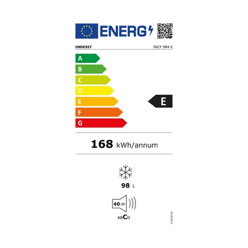 Congelador horizontal INDESIT INCF 984 E, clasificación energética: E, H: 85cm, A: 55cm, F: 55cm, capacidad total: 98L.