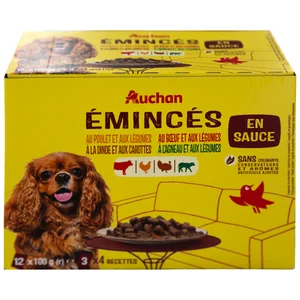 PRODUCTO ALCAMPO Alimento completo para perros adultos a base de diferentes carnes 12 x 100 g.
