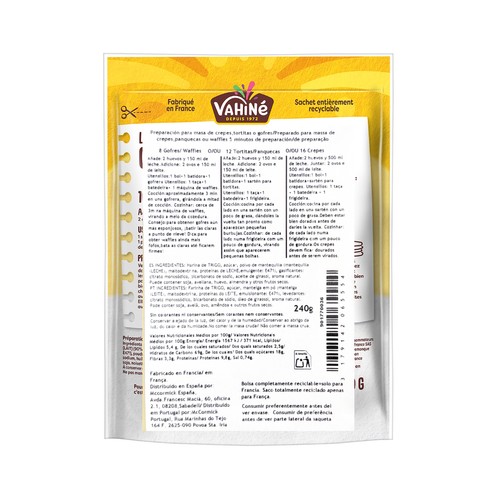 VAHINE Preparado 3 en 1 para crepes, tortitas y gofres 240 g.