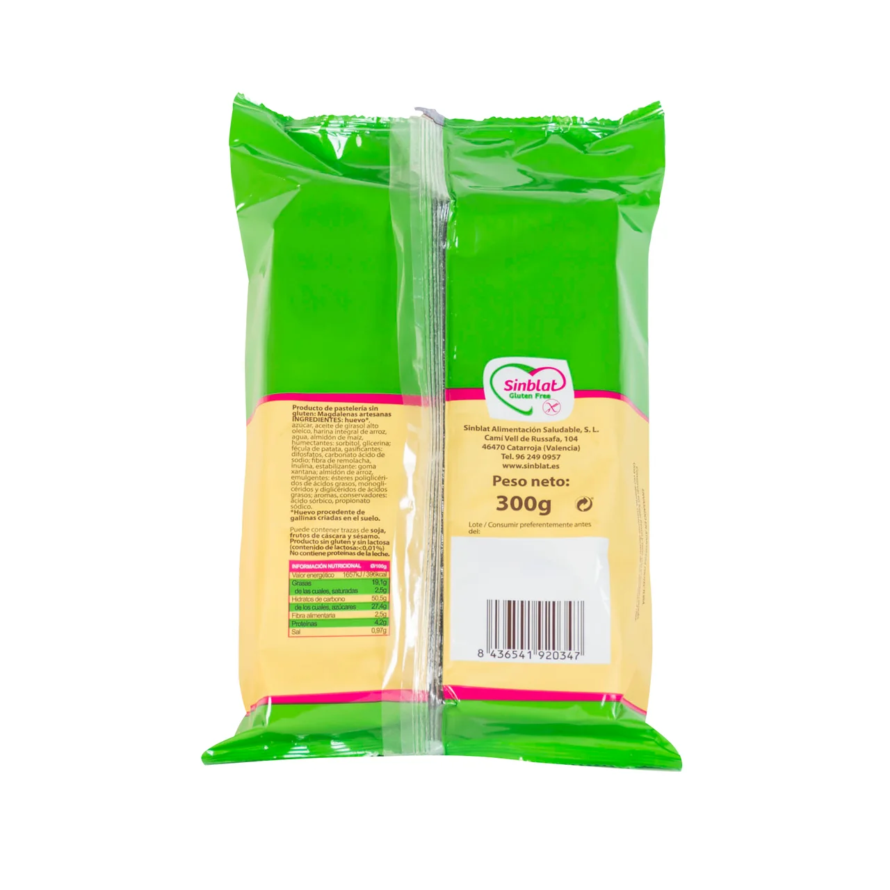 SINBLAT Magdalenas artesanas sin gluten SINBLAT, 6 uds 300 g.