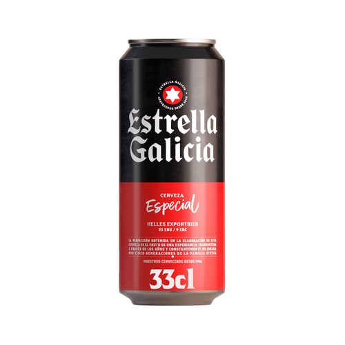 Cerveza rubia de sabor neutral y con lúpulo acentuado ESTRELLA GALICIA ESPECIAL lata 33 cl.