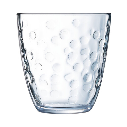 Vaso bajo de vidrio con 0,25 litros de capacidad, diseño círculos en relieve, Concepto LUMINAR.