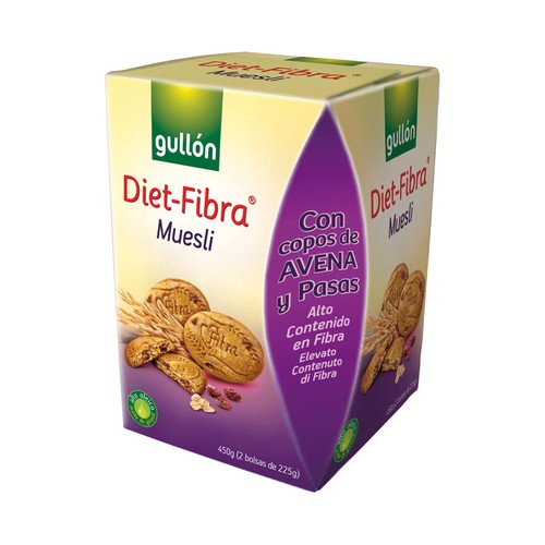 GULLÓN Galletas de fibra con copos de avena y pasas 450 g.