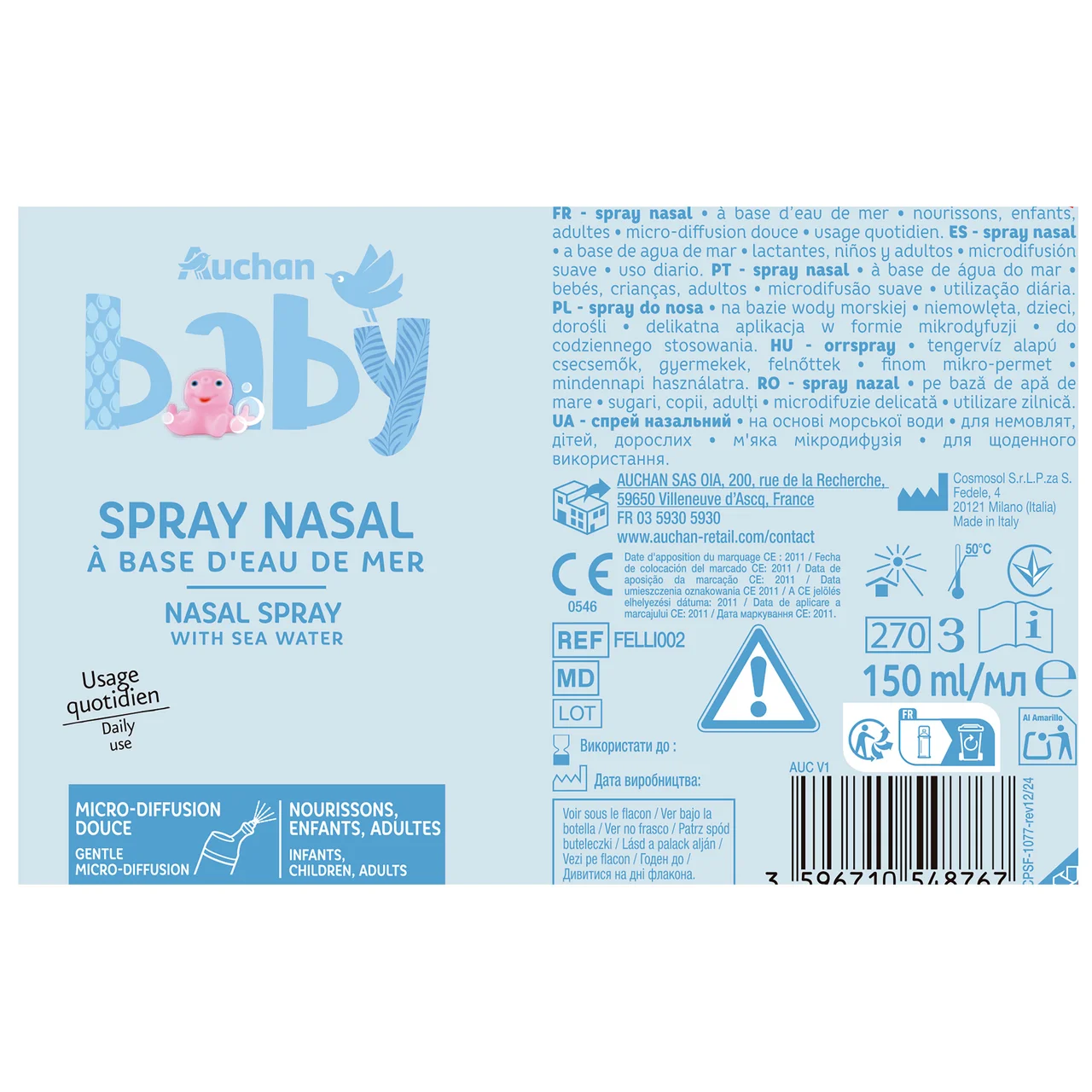PRODUCTO ALCAMPO Baby Spray nasal a base de agua de mar, de uso diario 150 ml.