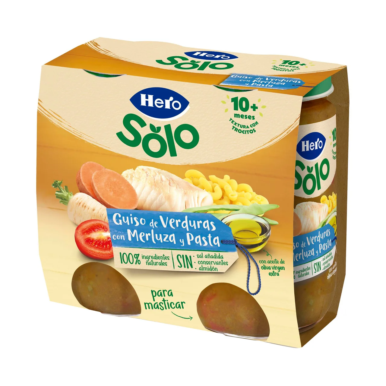 Solo Tarritos de guiso de verduras con merluza y pasta (textura con trozitos), a partir de 10 meses 2 x 235 g.