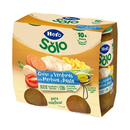 HERO Solo Tarritos de guiso de verduras con merluza y pasta (textura con trozitos), a partir de 10 meses 2 x 235 g.
