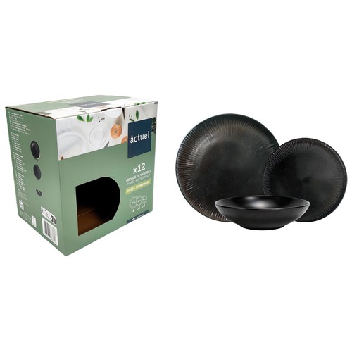 Vajilla 12 piezas de porcelana, relieve negro, ACTUEL