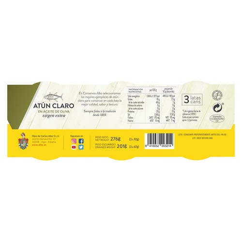 ALBO Atún claro en aceite de oliva virgen extra pack 3 uds. 67 g.
