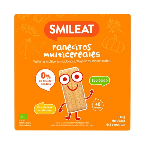SMILEAT Panecitos multicereales con plátano y calabaza, ecológicos, a partir de 8 meses 60 g.