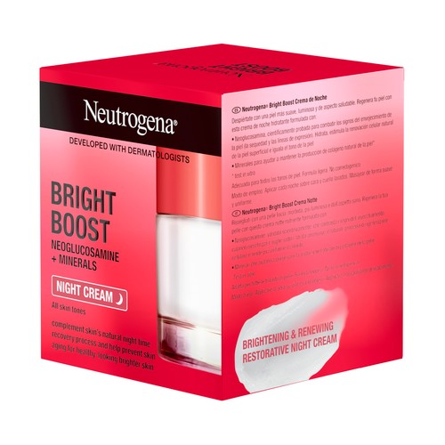 NEUTRÓGENA Bright boost Crema facial de noche, hidratante y regeneradora 50 ml.