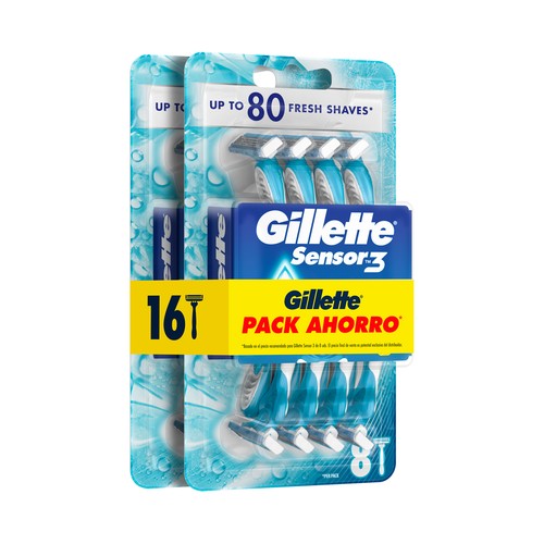 GILLETTE Maquinilla de afeitar desechable con cabezal pivotante de 3 hojas GILLETTE Sensor 3 cool 8 uds.