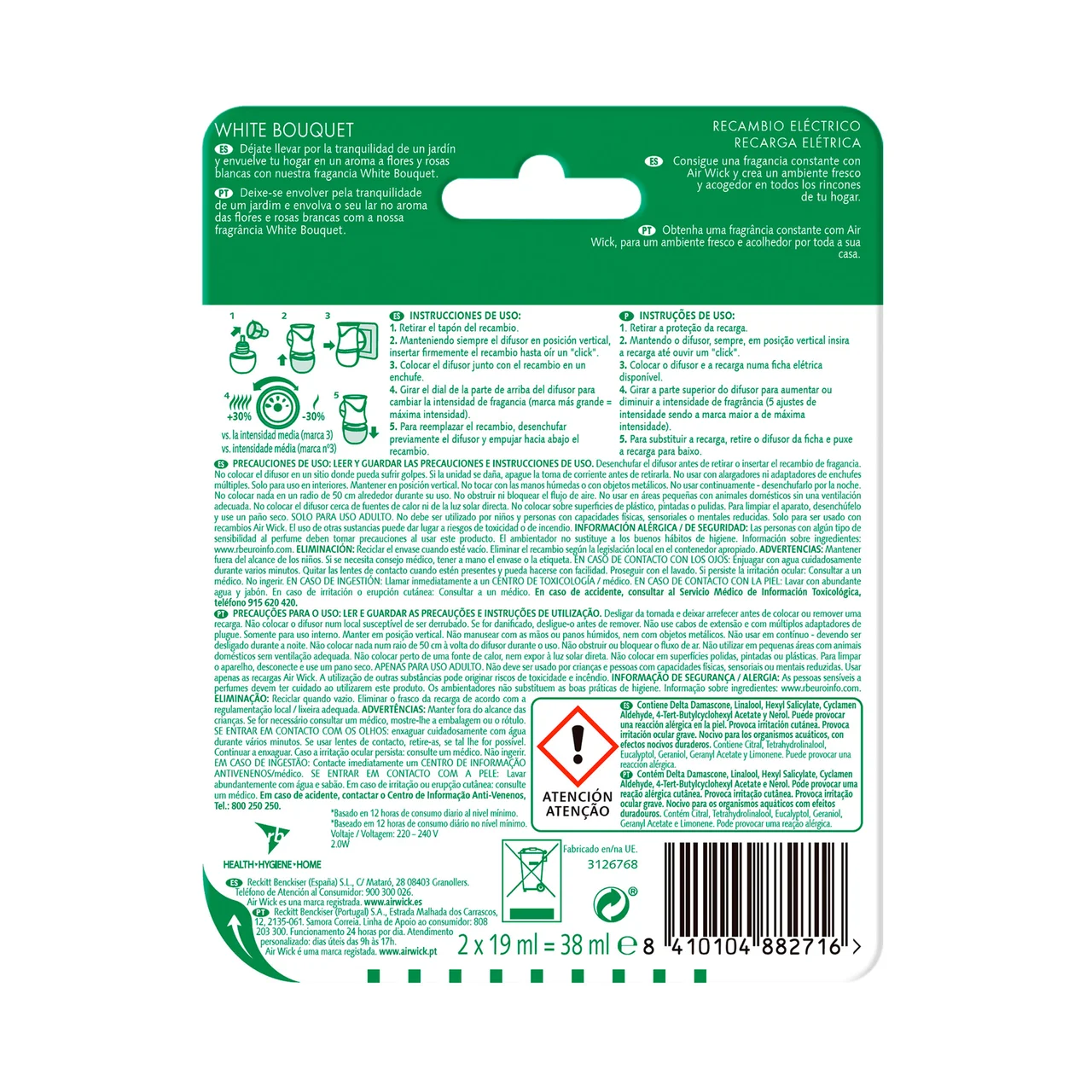AIR WICK Ambientador eléctrico Whiite Bouquet- Recambios AIR WICK ESSENTIAL OILS 2 x 19 ml.