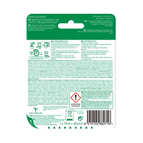 AIR WICK Ambientador eléctrico Whiite Bouquet- Recambios AIR WICK ESSENTIAL OILS 2 x 19 ml.