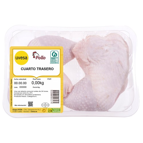 Cuartos traseros de pollo blanco con piel Bandeja.