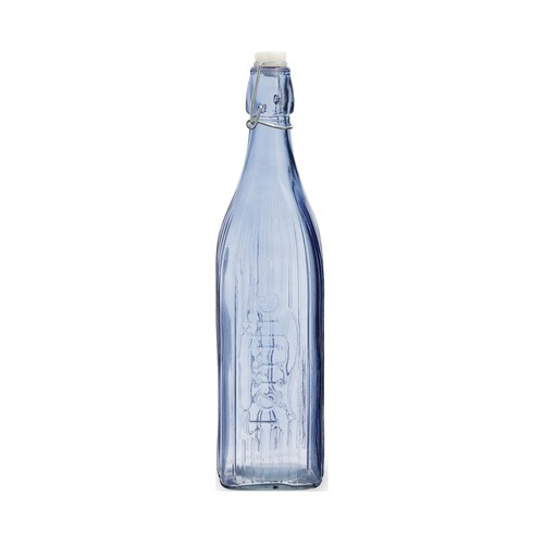Botella de vidrio color azul con forma cuadrada y tapón clip, 1 litro, Viba QUID.