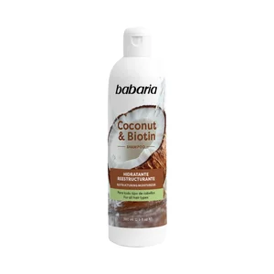 BABARIA Champú hidratante y reestructurante con Biotina y aceite de coco, para todo tipo de cabellos 380 ml.