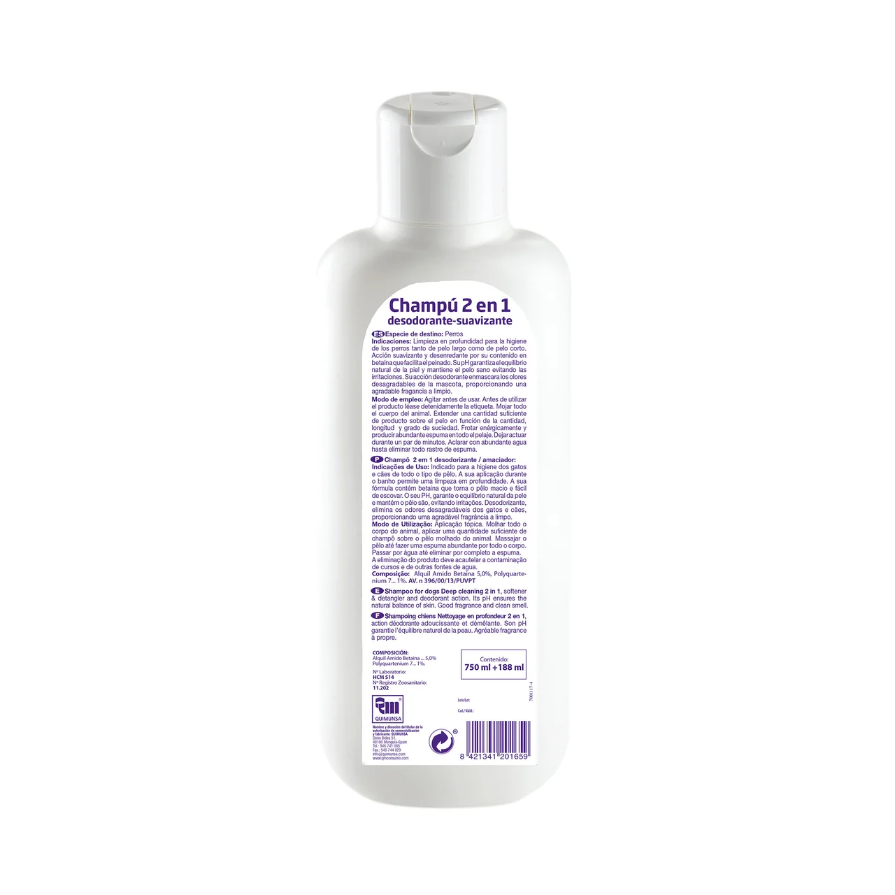 Champú desodorante y suavizante para perros 750 ml.