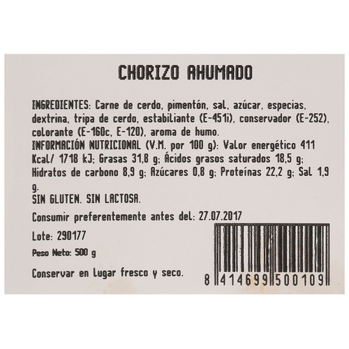 RIVERO Malla de chorizo ahumado, estilo asturiano, sin gluten y sin lactosa RIVERO 500 g.