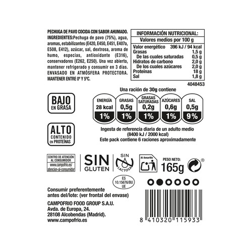 CAMPOFRÍO Finissimas Pechuga de pavo braseada cortada en finas lonchas 165 g.